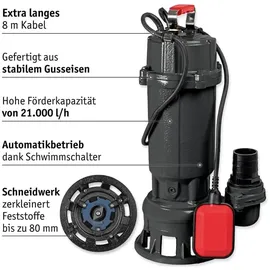 WALTER WERKZEUGE Tauchpumpe WZ8346 1100 W 15 m Förderhöhe 21.000 l/h inkl. 20 m Schlauch