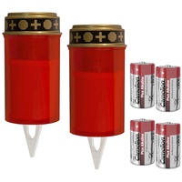 LED Grablicht SET - 2 Grabkerzen mit 4 Baby Batterien - rot flackernd - Timer - Erdspie√ü - rot