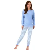 RELAX by Normann Damen Frottee Pyjama mit Bündchen - Hose gestreift, Top mit Mond und Stern Applikation, Farbe:hellblau, Größe2:40/42 - 40