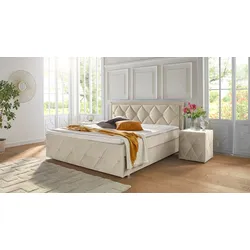 Boxbett LEONIQUE "Alfie, Topseller Inkl. Bettkasten&Topper", beige, L:211cm, Holzwerkstoff, Spanplatte, Komplettbetten, Wahlweise mit Knopfsteppung oder Strasssteinen, H2, H3 und H4 wählbar