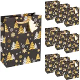 IDENA 90400 - Geschenktaschen Tannenbaum, 10 Stück in Schwarz-Gold, Papiertüten in der Größe 23 x 18 x 8 cm, Geschenktüten für Weihnachten