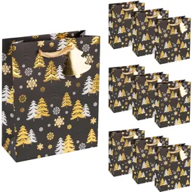IDENA 90400 - Geschenktaschen Tannenbaum, 10 Stück in Schwarz-Gold, Papiertüten in der Größe 23 x 18 x 8 cm, Geschenktüten für Weihnachten