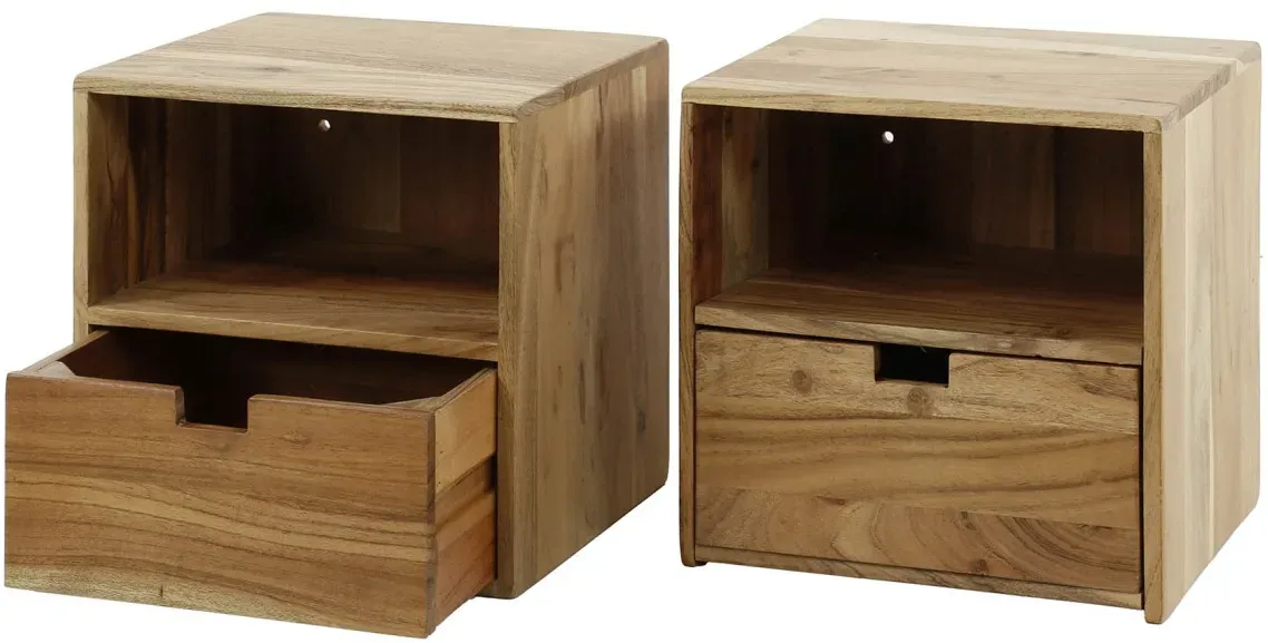 Nachttisch Qidero 2er-Set Akazienholz massiv, modern, Natur, mit Schublade und offenem Fach