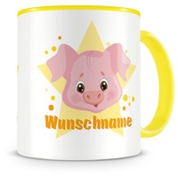 Samunshi® Kindertasse mit Namen Tasse lustiges Schwein Personalisierte Tasse mit Namen Kinder Kinderbecher mit Namen Kindergarten gelb 300ml