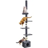 Yaheetech Kratzbaum deckenhoch, 5-stöckiger Katzenbaum vom Boden bis zur Decke, Höhenverstellbar 226-266 cm, mit 4 Plattformen, 3 Kratzsäulen, Plüschball und Katzenhaus, Dunkelgrau
