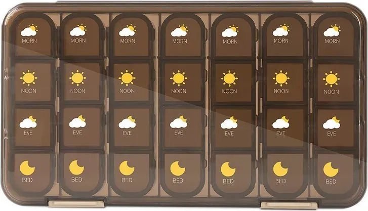JORDAN&JUDY Tragbare luftdichte Tablettenbox für die Woche, Tablettenspender, Tabletten-Aufbewahrungsbox mit großem Fassungsvermögen, 28 Fächer - Braun, Neujahrssale, Top Geschenkideen