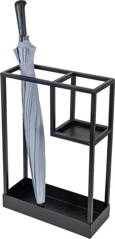 MyGift Moderner Schwarzer Metall-Eingangsbereich Regenschirmständer mit Geometrischem Design, 13 x 5 Zoll Breiter Rechteckiger Freistehender Stock-Regenschirmhalter mit Ablage für Kleine Regenschirme und Tropfschale