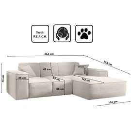 kaiser möbel Ecksofa, Eckcouch L form, Wohnzimmer Couch SIENA stoff Poso Beige Ottomane Rechts - Creme