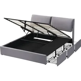 SOFTWEARY Stauraumbett mit Lattenrost, Bettkasten und 3 Schubladen, Kopfteil mit verstellbaren Kissen, Polsterbett, Samt Grau