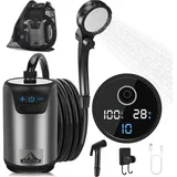 TINIFO Campingdusche mit Pumpe, Tragbare Camping Dusche mit wiederaufladbarem 8000mAh Akku, Mobile Dusche mit Temperaturanzeige, 2m Schlauch für Camping, Autowaschen, Gartendusche und Haustierwäsche