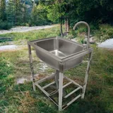 MONSTER SHOP Edelstahl-Metall-Camping-Spüle mit Wasserhahn und Abflussrohr Outdoor-Waschbecken freistehend tragbar