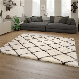 Paco Home - Teppich Wohnzimmer Creme Weiß Weich Groß Shaggy Flokati Rauten Muster Hochflor 60x90 Cm