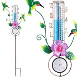 LYOOLY Regenmesser Outdoor mit Außenthermometer für Garten, leicht ablesbarer Metallpfahl mit 7 Zoll Ersatzglasrohr, Blume Kolibri Dekorativ für Hof Garten Terrasse Rasen