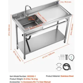Vevor Spültisch Spülbecken Edelstahl (120 x 50 x 94 cm), Einzelbecken mit Wasserhahn & Ablage, Küchenspüle für Garage Restaurant Wäscherei, Waschtisch Außenspüle mit Arbeitsplatte (recht)