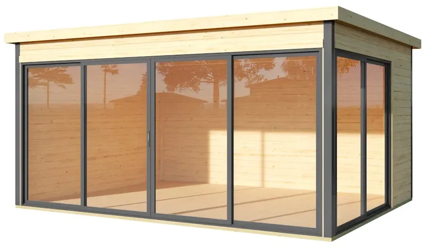 Weka Designhaus 412 Gr. 2 mit Glasschiebetür (Homeoffice-Gartenhaus) - 44 mm naturbelassen 418 x 322 cm - 50 % Rabatt auf Dacheindeckung