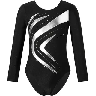 TiaoBug Turnanzug für Mädchen Langarm Ballettanzug Ballett Trikot Strassstein Gymnastikanzug Leotard Overall Eiskunstlauf Kleid gr. 98-176 Silber K 134-140