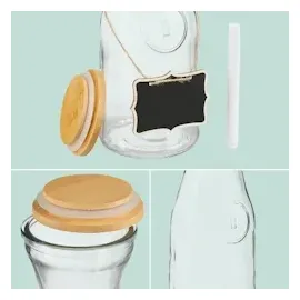 Relaxdays Wasserkaraffe, 2er Set, 1 Liter, Glaskaraffe mit Bambusdeckel, zum Beschriften, Wasserkanne, transparent/natur