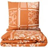 Leonado Vicenti Winterbettwäsche Biber 135x200 cm Kissenbezug 80x80 cm Orange Weiß gestreift kariert Reißverschluss pflegeleicht warm für kalte Wintertage 2 teilig