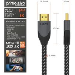 Primewire 8k HDMI Kabel 2.1 - 8K @ 120Hz 4K @ 240Hz mit DSC, HDMI 2.0a 2.0b, 3D, Highspeed Ethernet, HDTV UHD II, HDR-10+ - eARC, VRR, Dolby Vision