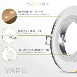 SSC-LUXon YAPU Glas Einbaustrahler mit LED Ring in rund silber spiegelnd - flache Einbauleuchte mit LED Modul 4w warmweiß 230V