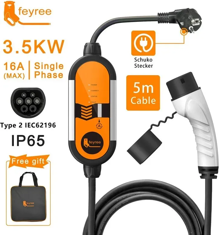 feyree Typ 2 16 A 3,5 kW tragbarer EV-Charger/EVSE-Ladekabel 5 m mit Schukostecker, stromverstellbar, für E‐Car-Ladegerät