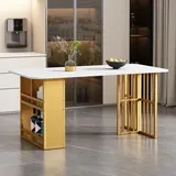 Flieks Esstisch Esszimmertisch Rechteckig, Bartisch Küchentisch mit Ablagen, Stehtisch Tisch Esszimmer mit Metallbeinen, 156x78x78, Weiß Gold - Weiß/Gold