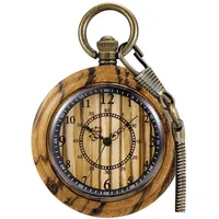 Tiong Klassische Holz Quarz Taschenuhr Einfache offene Gesicht Design Steampunk Anhänger für Geburtstag
