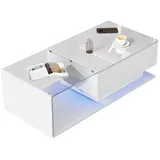 HAUSS SPLOE Couchtisch Hochglanz mit Glasplatte und Schubladen, LED-Beleuchtung, weiß (mit 1 Schublade,100x50x32cm), mit Glasplatte und Schubladen, kratzfest weiß Rechteck | 100 cm x 32 cm x 50 cm