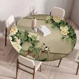 FANSU Tischdecke Outdoor Wetterfest Rund mit Gummizug, Rund Tischdecke mit 3D Muster Waschbar und Abwischbar für Esstisch, Couchtisch, Gartentisch Geeignet (Weiße Pfingstrose,120cm)