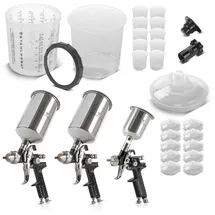 STAHLWERK Druckluft-Lackierpistolen-Set 3 x HVLP mit 25 Mischbechern 650 ml