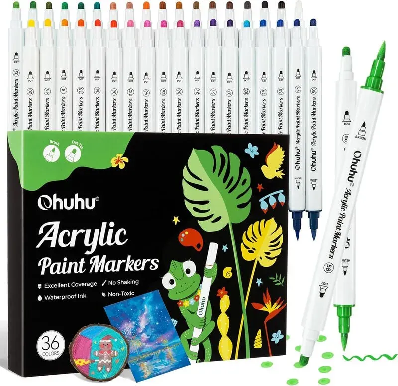 Ohuhu Acrylfarbstifte mit Doppelspitze, 36 Farben, Pinsel- & Punktspitzen, Zwillingsmarker, hohe Deckkraft für Fels, Holz, Glas, Keramik, Leinwand, Ostereier, Malen & Zeichnen. Neujahrsangebot, Top-Geschenkideen.