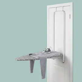 Relaxdays Bügelbrett Türmontage, 108,5 x 43 cm, platzsparend klappbar, kleine Räume, Bügeltisch zum Aufhängen, weiß/grau