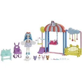 Enchantimals Baby Best Friends Tierbaby-Hort - Puppenset mit Bettchen, Schaukel-Set, Doppel-Hochstuhl, Kratzbaum, Mobile, 5 Tierfreunden, für Kinder ab 4 Jahren, HLH23