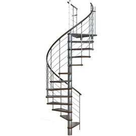 Minka Spindeltreppe Venezia Buche Walnuss lackiert mit Handlauf und UK in silber Ø140cm bis 309 cm Raumhöhe Ø silberfarben