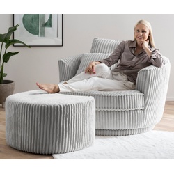 Furn.Design XXL-Sessel Comfy (Love Seat in Cord hellgrau, 120 x 120 cm), 360°drehbar, mit Bonell Federkern grau