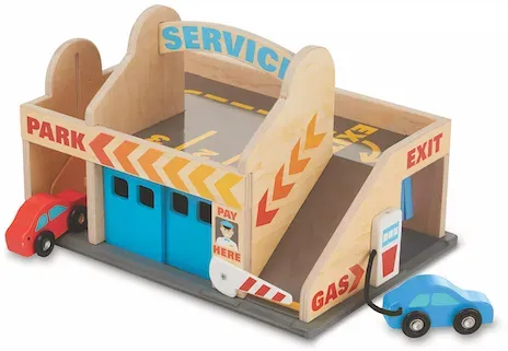 Melissa & Doug Parkhaus & Tankstelle Holzspielset - FSC-Holz, 2 Autos, Aufzug, Waschanlage, bunt - Für Kinder 3-6 Jahre