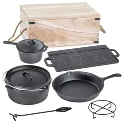 ACTIVA Dutch Oven 7-teiliges Set in Holzkiste, Gusseisen, mit Kochtopf, Stieltopf, Grillplatte, Pfanne, Deckelheber und Untersetzer, 20080