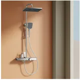 EMKE Duschsystem mit Thermostat Handbrause + Regendusche(3 Strahlstärken) + Unterer Auslass, Chrom