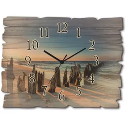 Wanduhr ARTLAND "Holzuhr Sonnenuntergang Strand Wellenbrecher", braun, B:40cm H:30cm T:0,6cm, Wanduhren, wahlweise mit Quarz- oder Funkuhrwerk, lautlos ohne Tickgeräusche