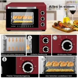 Woltu Mini Backofen 21 L, elektrischer Minibackofen, Miniofen, Pizzaofen, 1280 W, 100-230 °C, Timer 60 Min., Ober-/Unterhitze, Doppelverglasung, Rot