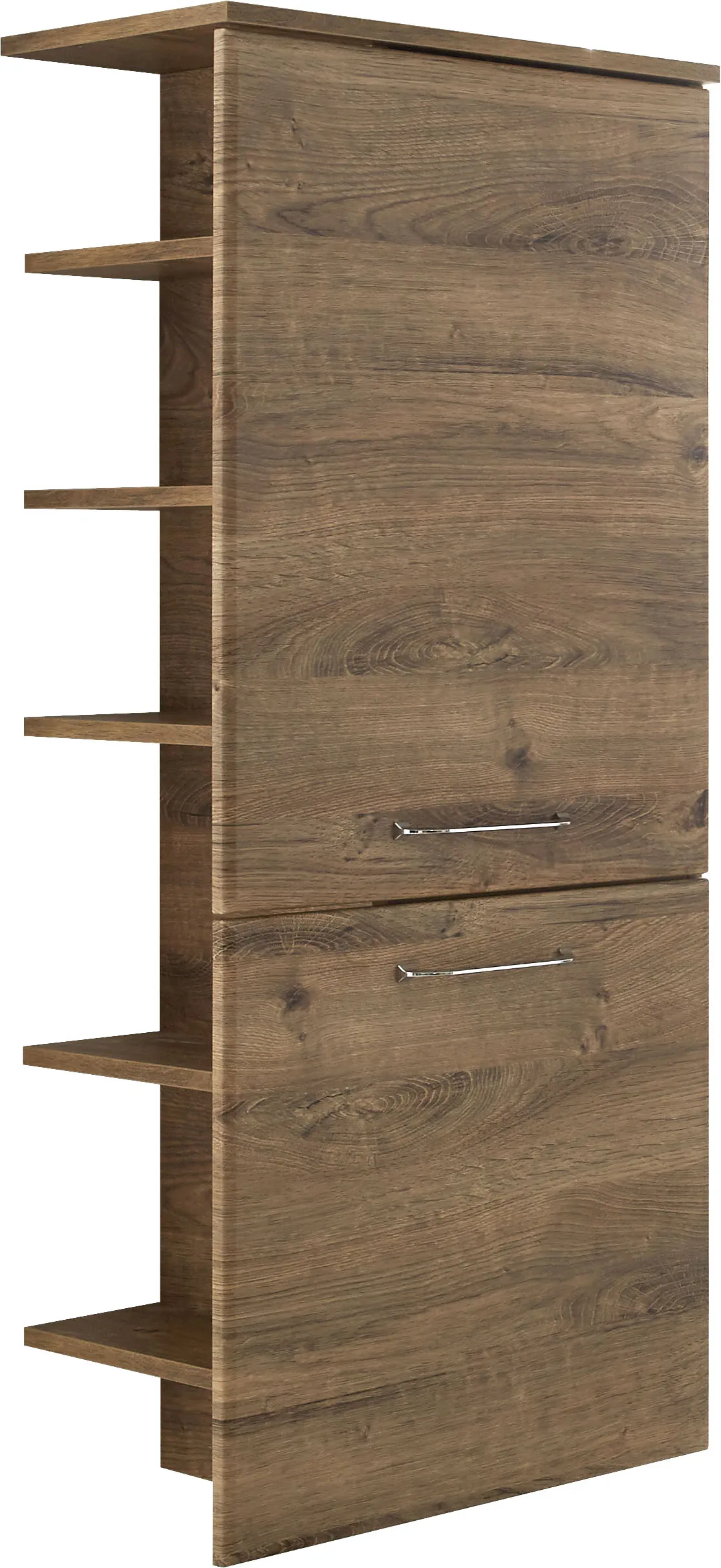 Midischrank SAPHIR "Quickset Badschrank 50 cm breit, 2 Türen, seitliche Ablagen", braun (eiche ribbeck, eiche ribbeck), B:50cm H:123cm T:33cm, Spanplatte, Schränke, Bad-Midischrank, Badezimmer-Midischrank inkl. Türdämpfer, Griffe in Chrom glänzend