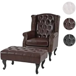 Sessel Relaxsessel Clubsessel Ohrensessel Chesterfield, Kunstleder ~ antik-braun mit Ottomane