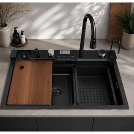 faizee home Küchenspüle Nano Innovative Küchenspüle Graphit 75 x 46 cm mit Armatur - Schwarz