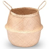 Decorasian Seegras Korb rund geflochten, Körbe zur Aufbewahrung und als Blumenkorb - Übertopf in Bast BZW. Rattan Optik - Seegraskorb mit Henkel zum Tragen - Wäschekorb - 40cm