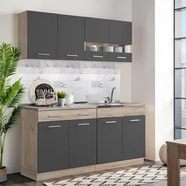 Homestyle4u Küchenzeile 160 cm Eiche Grau