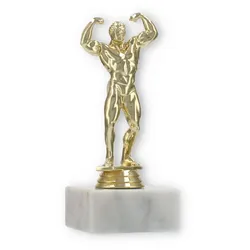 Pokal Kunststofffigur Bodybuilder gold auf weißem Marmorsockel 15,9cm