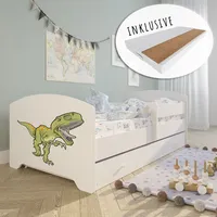 Kids Collective Kinderbett mit Matratze und Schublade, Rausfallschutz & Lattenrost weiß mit Dinosaurier Motiv V 160 x 80 cm