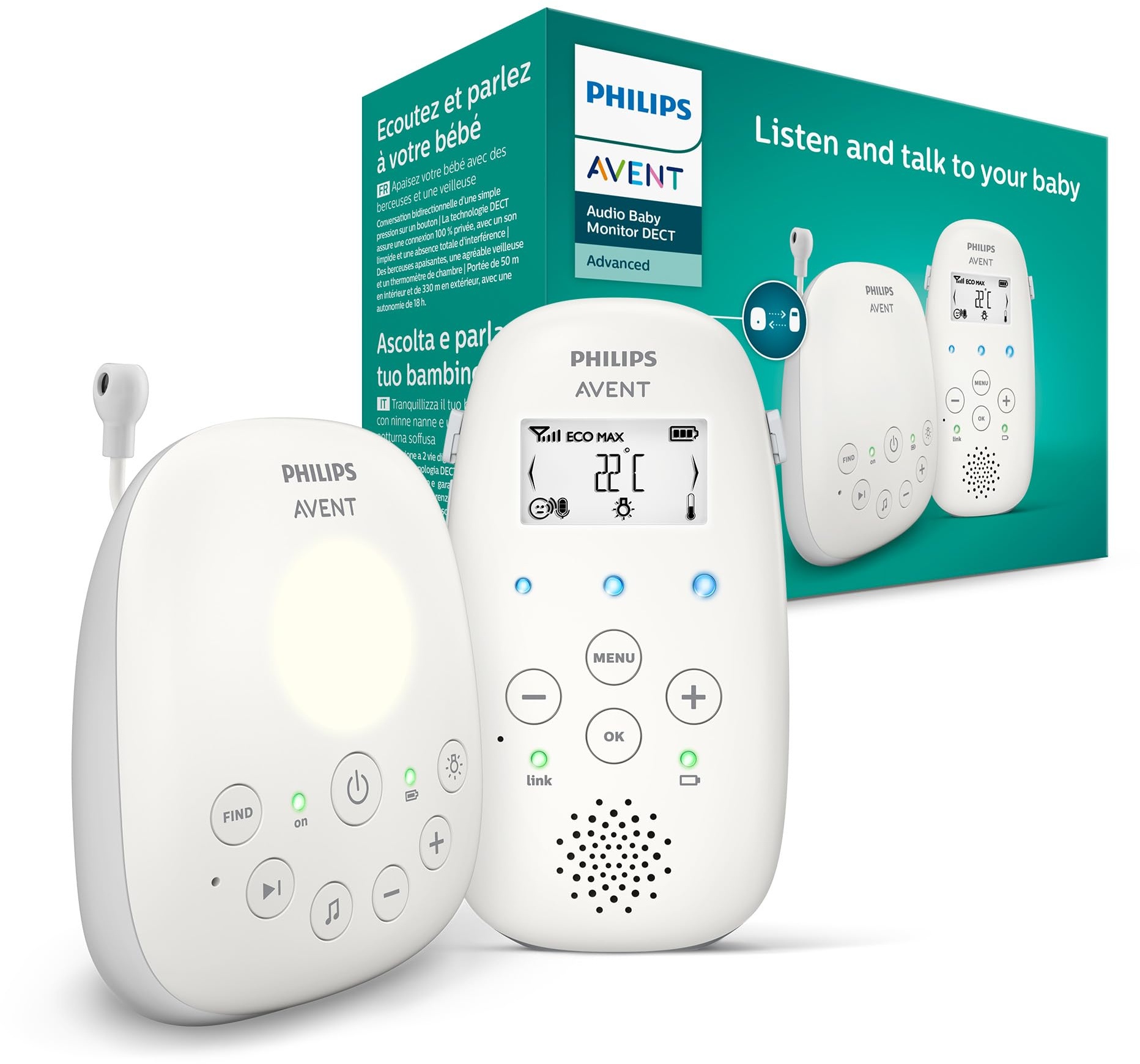 ‎Philips Avent Audio Babyphone DECT-Technologie, Eco-Mode, Gegensprechfunktion, Schlaf- und Nachtlieder, Temperatursensor, maximale Reichweite, weiß (Modell SCD713/26)