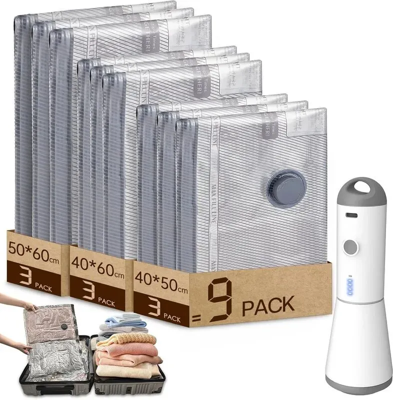 HOMOH Vakuumbeutel für Kleidung mit kabelloser Vakuumpumpe, 9er-Pack (3 x 40 x 50 cm, 3 x 40 x 60 cm, 3 x 50 x 60 cm), wiederverwendbar, ideal für Reisen und tägliche Aufbewahrung
