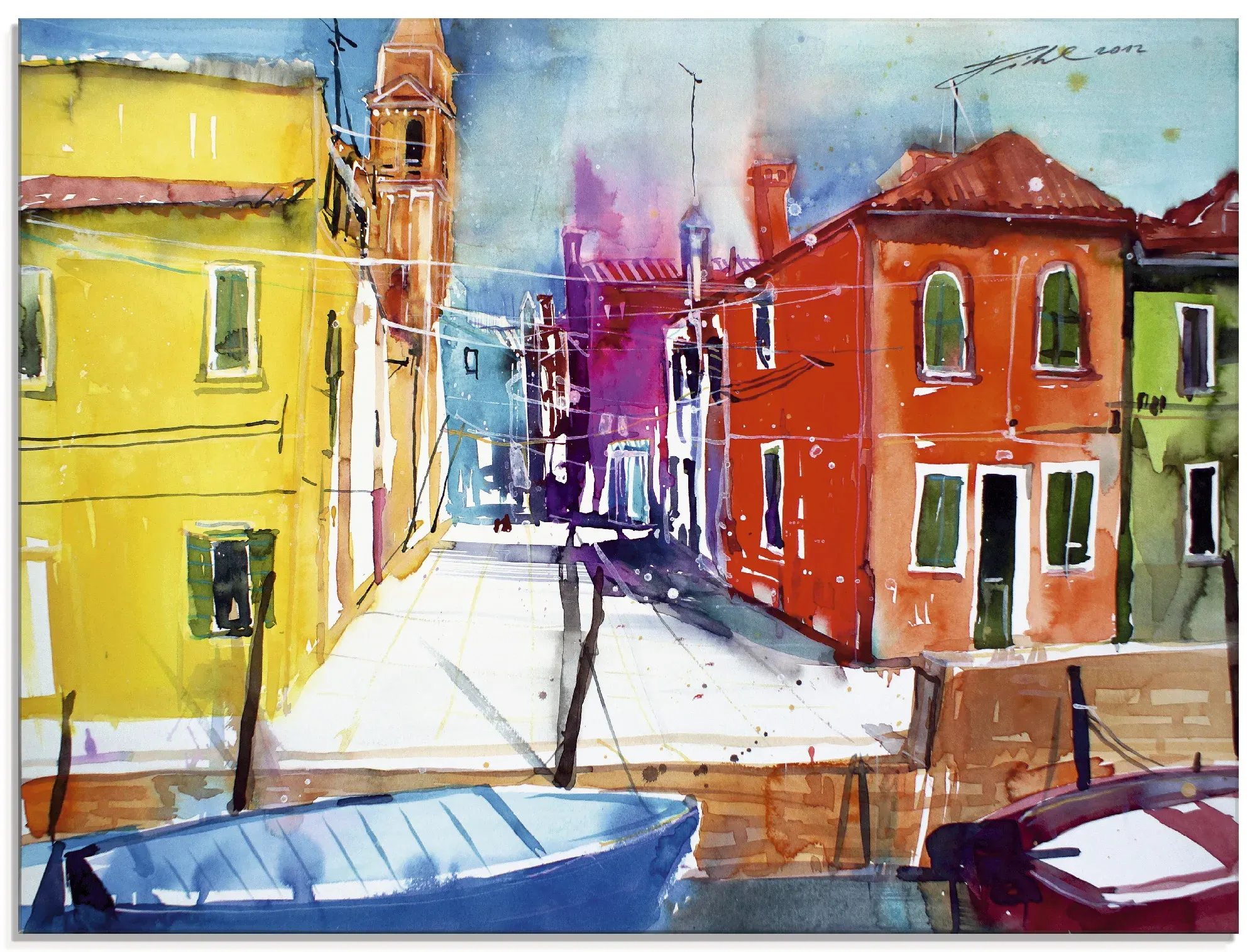 Glasbild ARTLAND "Venedig, Burano, Fondamenta del Pizzo", blau, B:80cm H:60cm, Bilder, in verschiedenen Größen